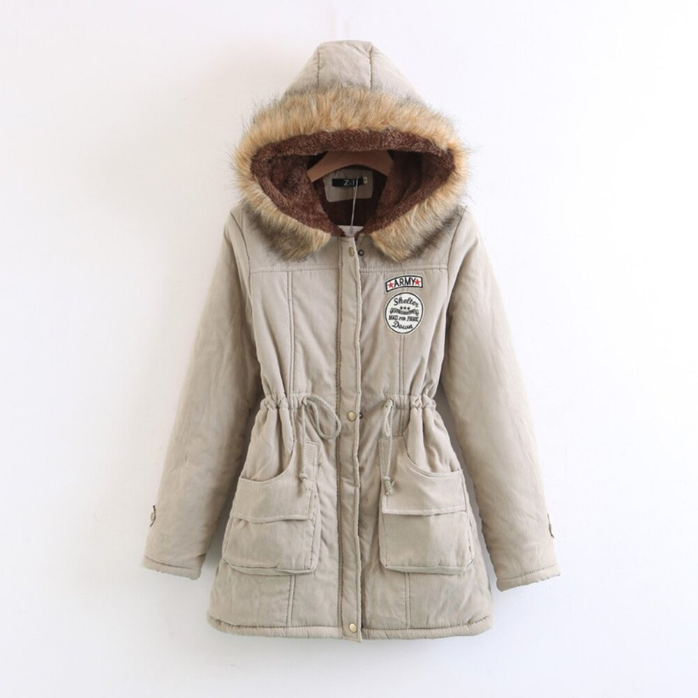 KHAKI SIZE MEDIUM HOODED COAT.JACKET FULLY LINED 100% POLY HOOD STAYS ON